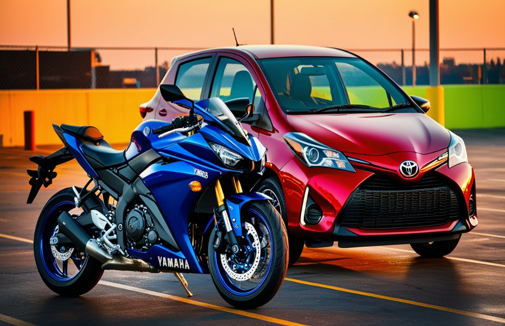 A motorbike and a car